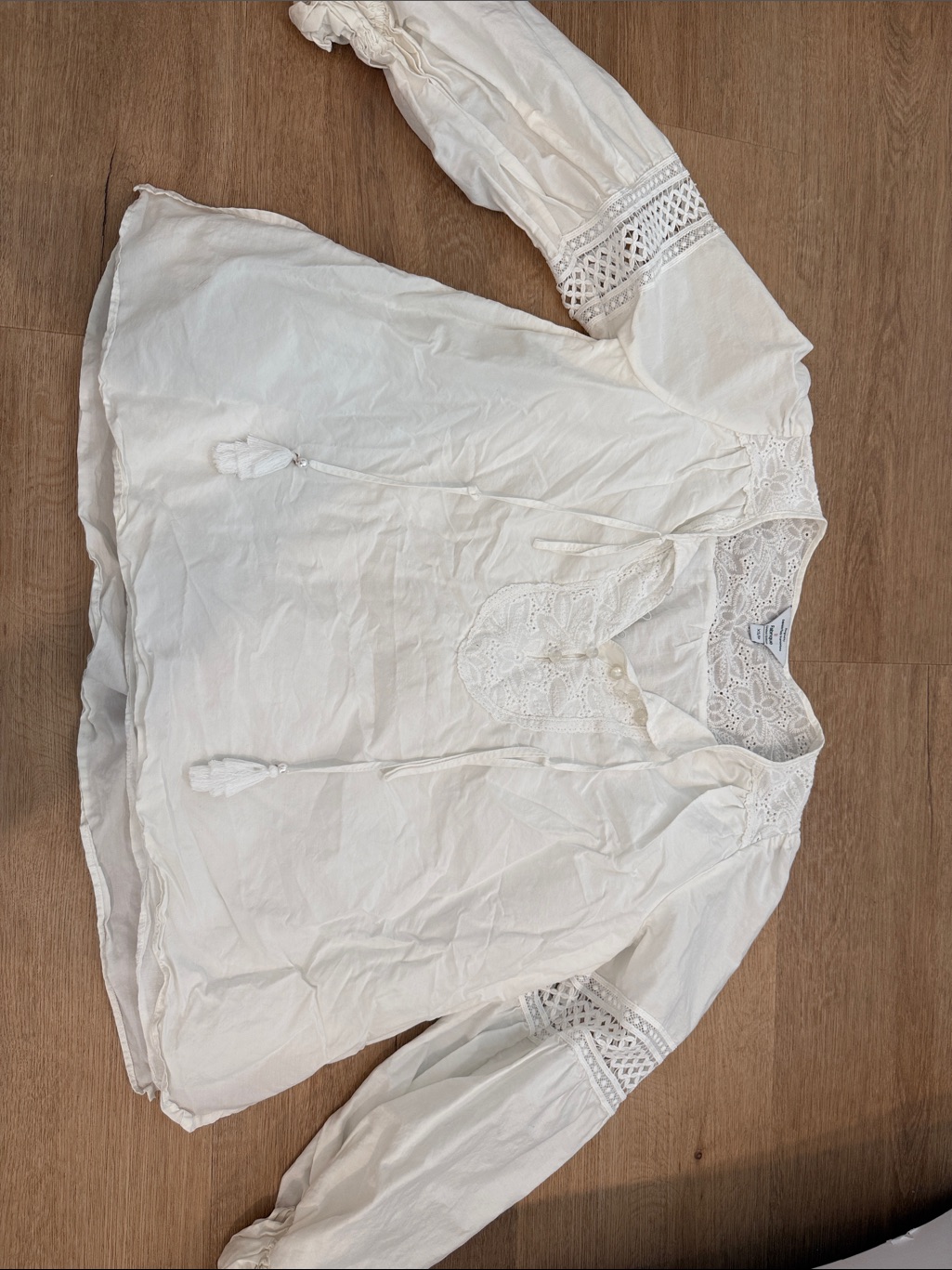 Fabrique White Lace Peasant Blouse With Tassel Ties